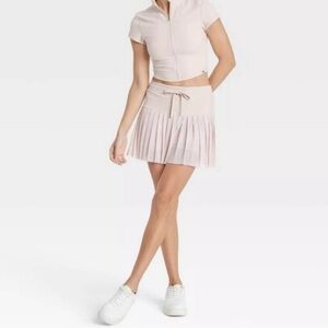 {JoyLab} Cream Elastic Tie Waist Mesh Pleated Accordion Pull On Skort Skirt